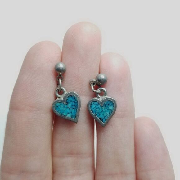 Vintage Little Blue Heart Dangle Stud Earrings, Sweet Retro Design, - Picture 5 of 5